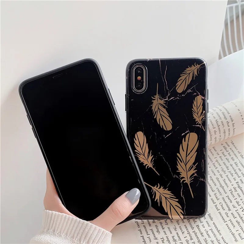 FLYKYLIN Gold Feather Black Marble Case For iphone 6 S 7 8 Plus XS Max Cover Huawei P30 Pro P20 Lite Soft IMD Silicone Coque |