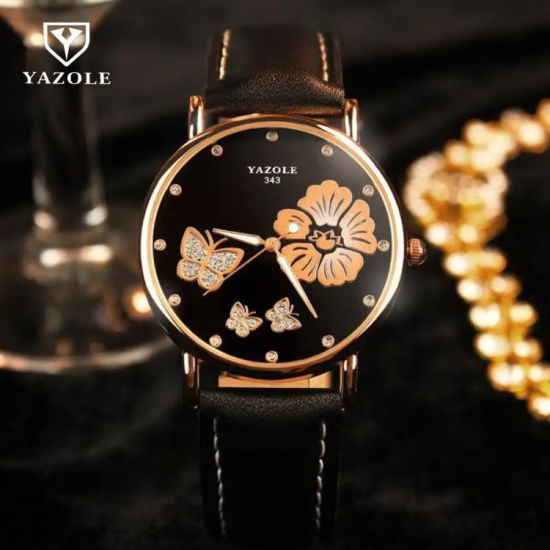 Кварцевые наручные часы YAZOLE из натуральной кожи с цветами-бабочками на свадьбу