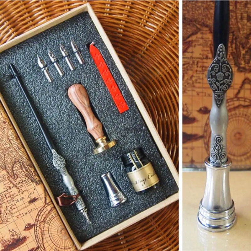 Высокое качество античный подарок Dip Pen Набор с 4 наконечниками 1 чернильный штамп