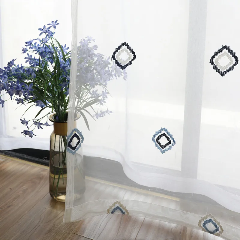 

Geometric Curtains Tulle For Living Room Children Embroidered Voile Sheer Curtains for Bedroom Kitchen Kids Window Cortina White