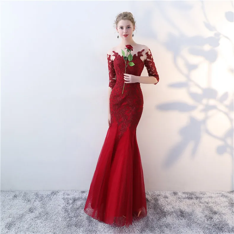 Бордовое элегантное официальное вечернее платье 2020 русалка длинное кружевное