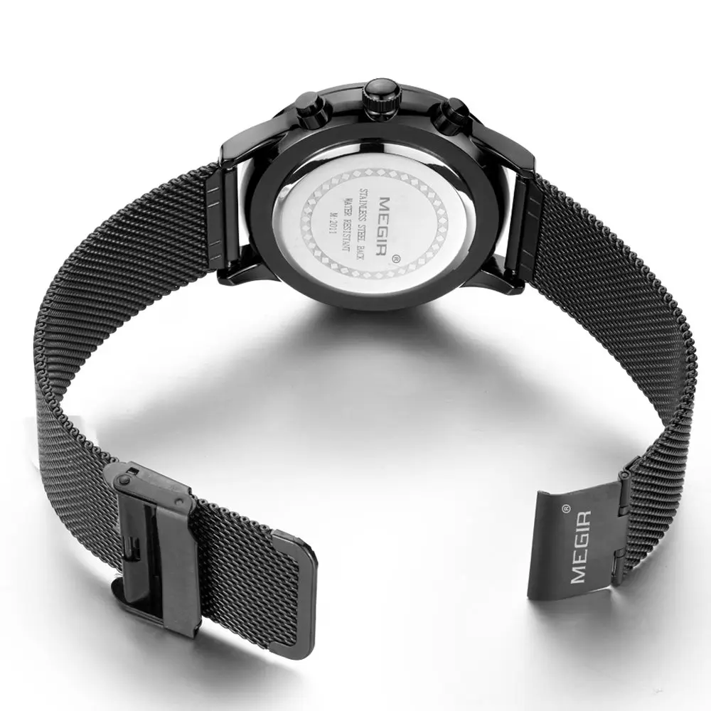 Мужские кварцевые часы MEGIR черные повседневные из нержавеющей стали с сетчатым