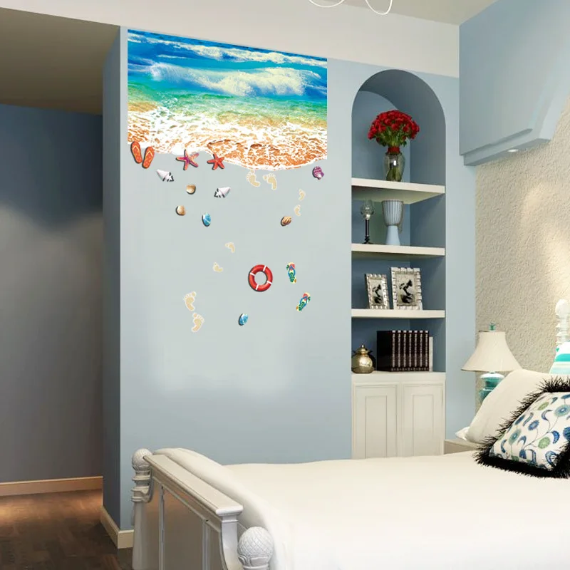 Новые объемные большие настенные 3d наклейки с изображением синего пляжа и