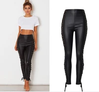 womens sexy side lace up faux leather stretch skinny pants lady black coated high waisted pu jeans trousers