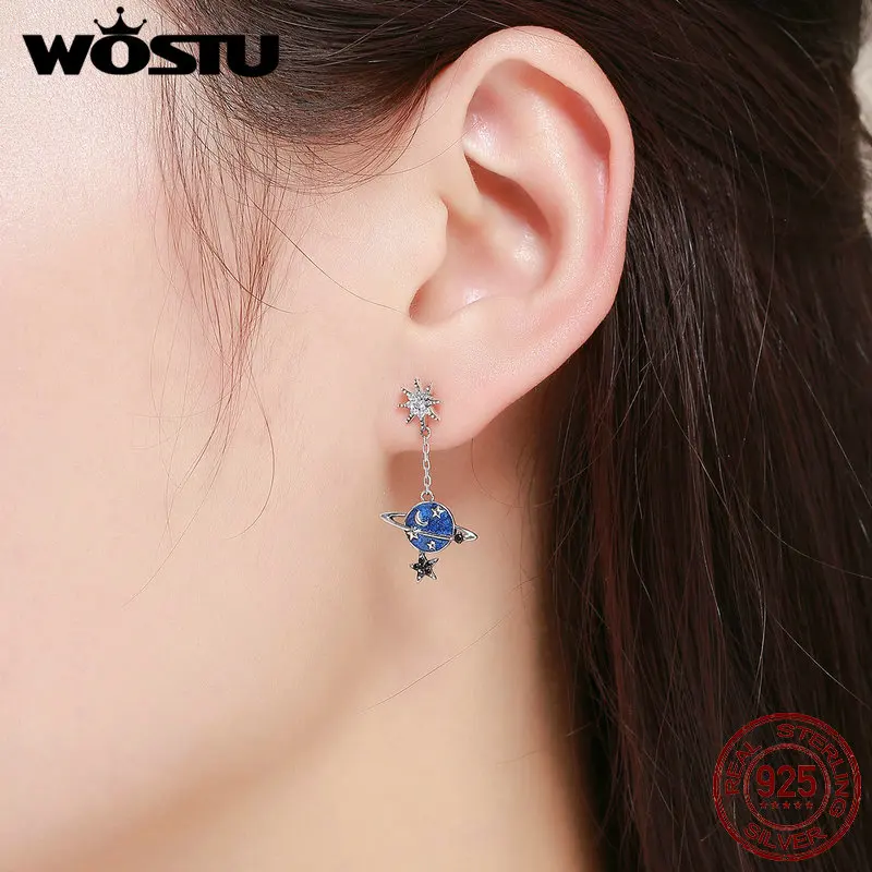 WOSTU Новое поступление Настоящее серебро 925 проба планета, звезды серьги с капюшоном для женщин модные серебряные ювелирные изделия подарок DXE348