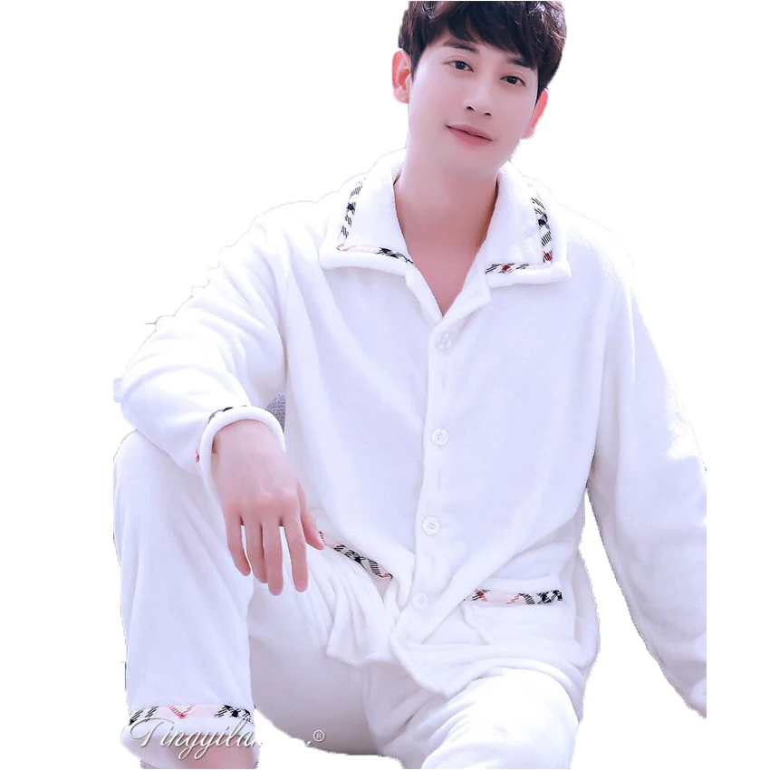 

Men's Tracksuits Winter Pajamas For Men Turn-Down Collar Cardigan Male Sleepwear Pyjamas Men Lounge Flannel Pajama Set Plus Size