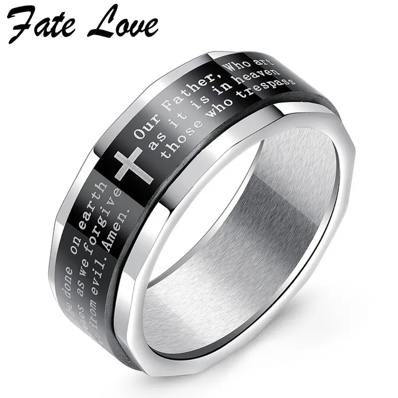 Fate Love Rotating Ring Men Jewelry Vintage Black Bible Cross Rings Stainless Steel Party Anillos Titanium Mens Jewellery | Украшения и