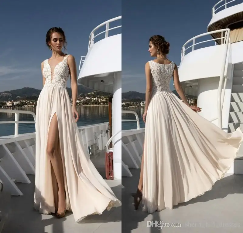picture color LORIE Boho Свадебное платье цвета шампанского трапециевидной формы с аппликацией из шифона длиной до пола свадебное платье на заказ с высоким разрезом - Цвет: picture color