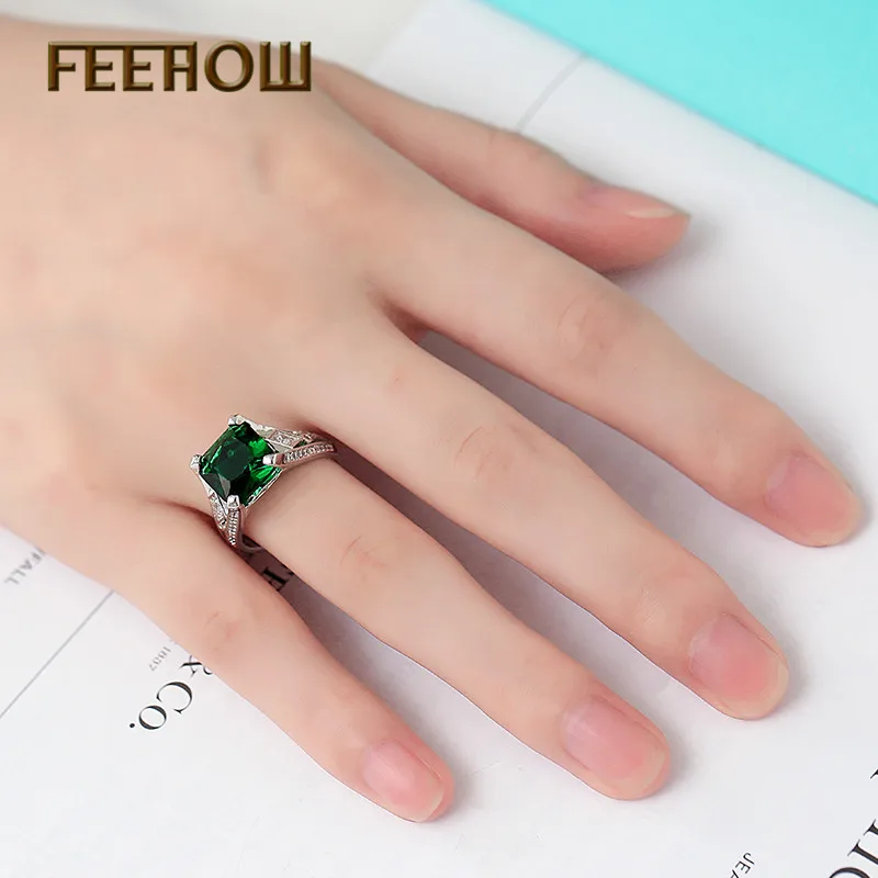 FEEHOW Роскошные огранки большой зеленый фианит обручальное кольцо для женщин