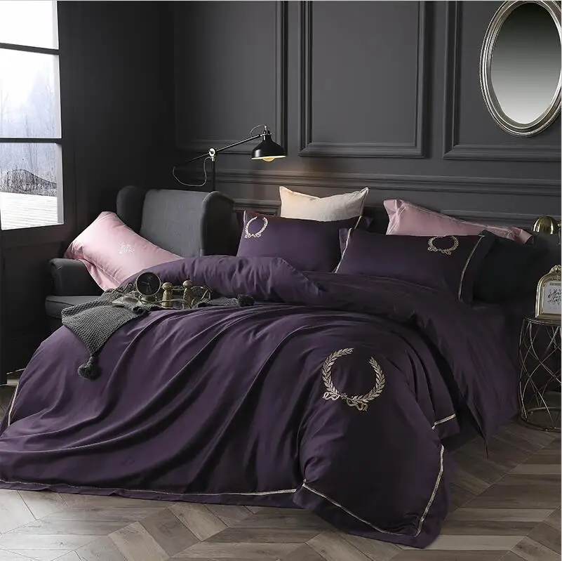2019 Egyptian cotton purple color luxury bedding set queen king size 4pcs bed sheet linen embroidered duvet cover | Дом и сад