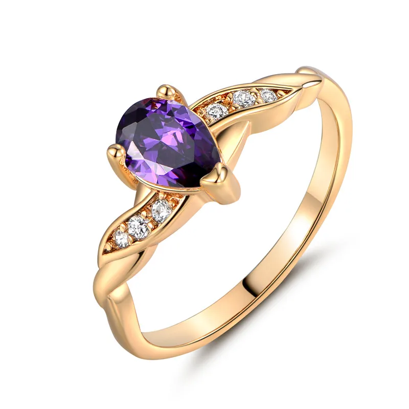 Женское кольцо на палец BUDONG Золотое с фиолетовыми каплевидными камнями и