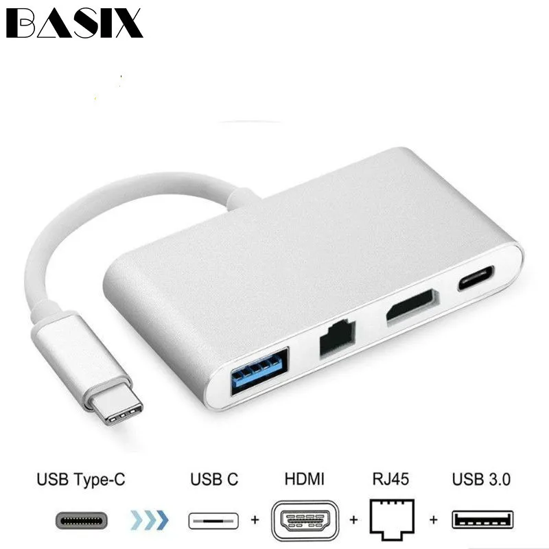 Basix Usb C Ethernet USB к HDMI 4 K + гигабитный (RJ45 порт) 3 0 type концентратор адаптер разветвитель