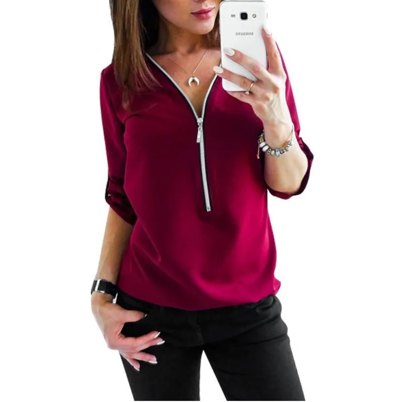 Осенние Топы для женщин 2019 повседневная черная блуза на молнии с v образным