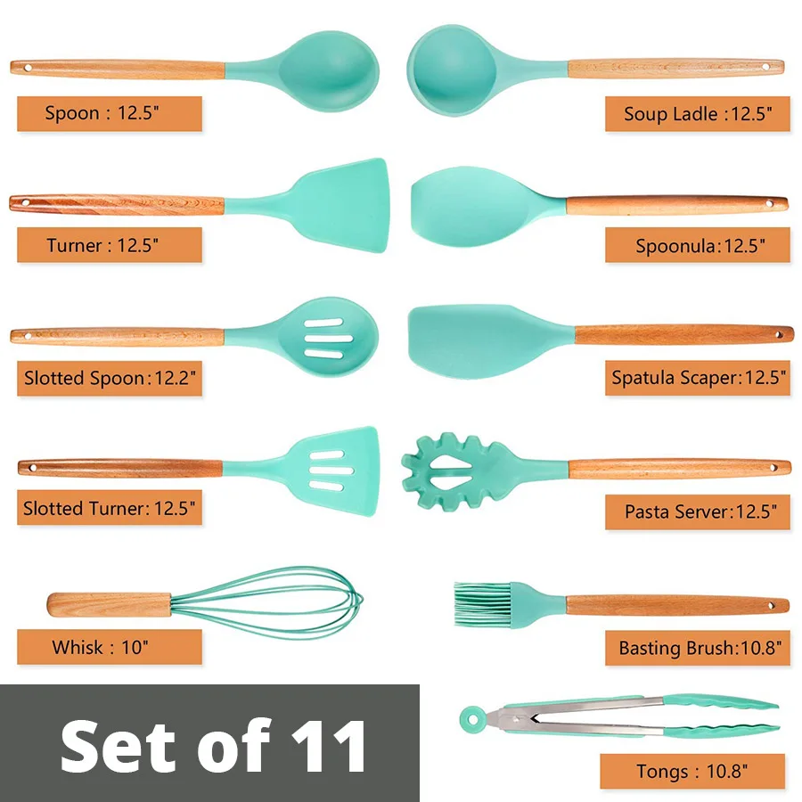 Set of 11 Green Силиконовая кухонная утварь набор, бамбуковые деревянные ручки Инструмент для готовки нетоксичные силиконовые кухонные гаджеты - Цвет: Set of 11 Green