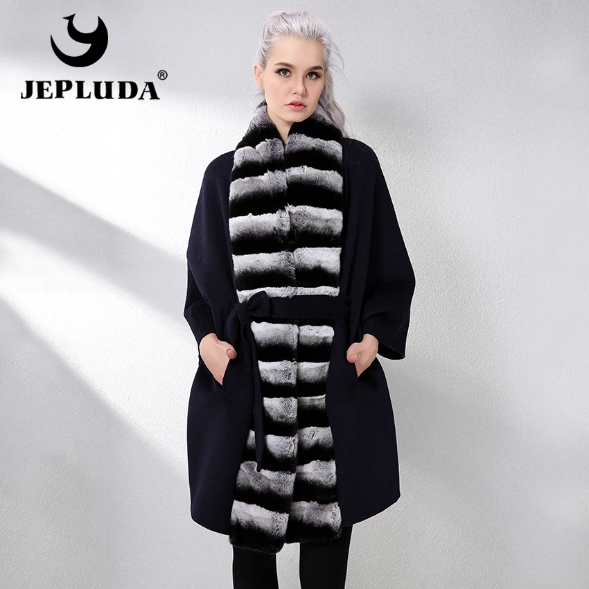 JEPLUDA Пальто Женское Кашемировое с Натуральной Мех Кролика Рекс Женшни Шерсть
