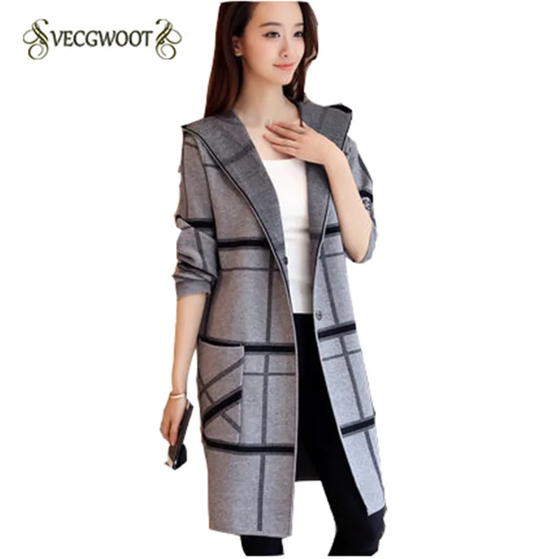 2020 New Autumn Winter Hooded Plaid Women Sweater Coat Long sleeve Medium long Knitted S-XL SES480 |