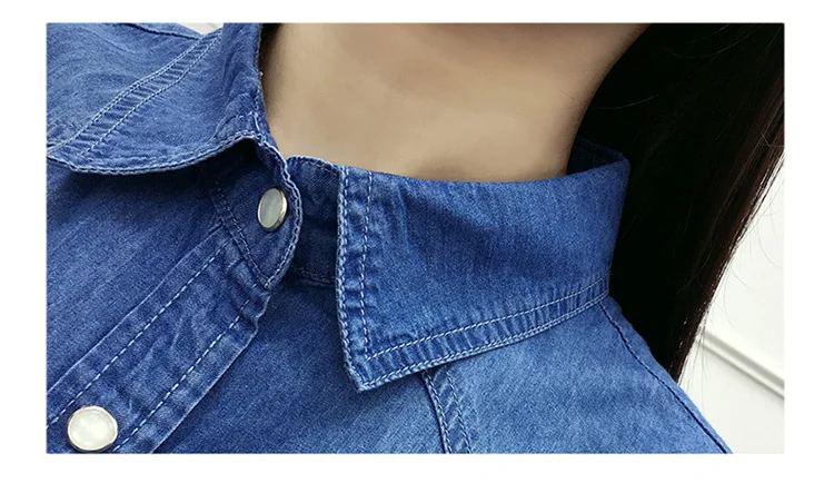 New spring Autumn women cotton pocket Button decoration Turn-down Collar long sleeve blouse blue Denim shirt casual tops