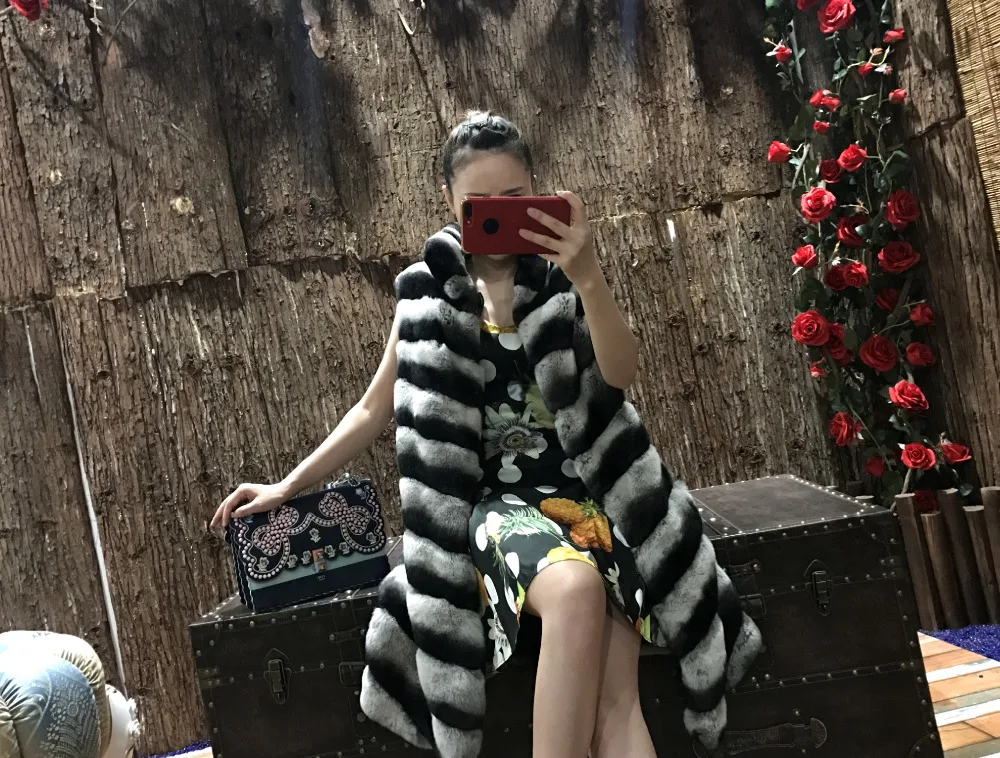 90cm Long Russian Rex Rabbit Fur Vest/Imitation Chinchilla Coat/Grey Diagonal Striped Gilet Coat Outwear Sleeveles/Plus Size | Женская