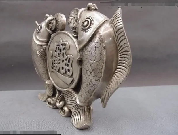 YM 312 China White Copper Silver Lucky Feng Shui Coin Money wealth Two carp Fish Statue | Дом и сад