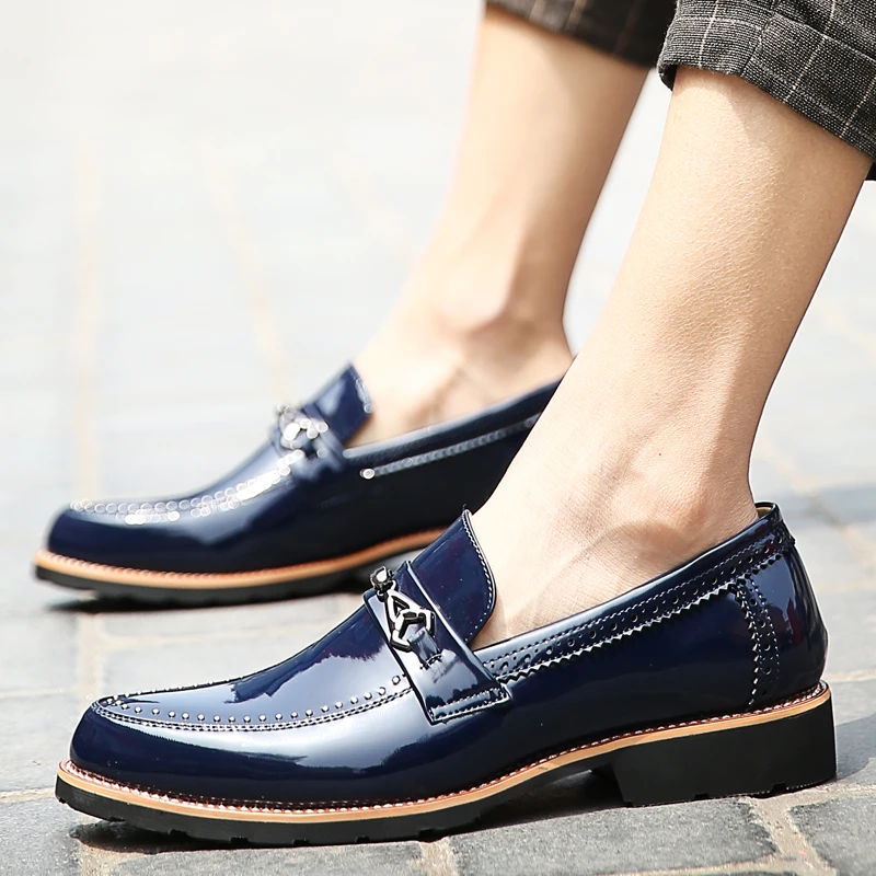 

Rivet Shoes Men Dress Shoes Slip On Patent Leather Shoes Men Oxfords British Style Brown Blue Black Red