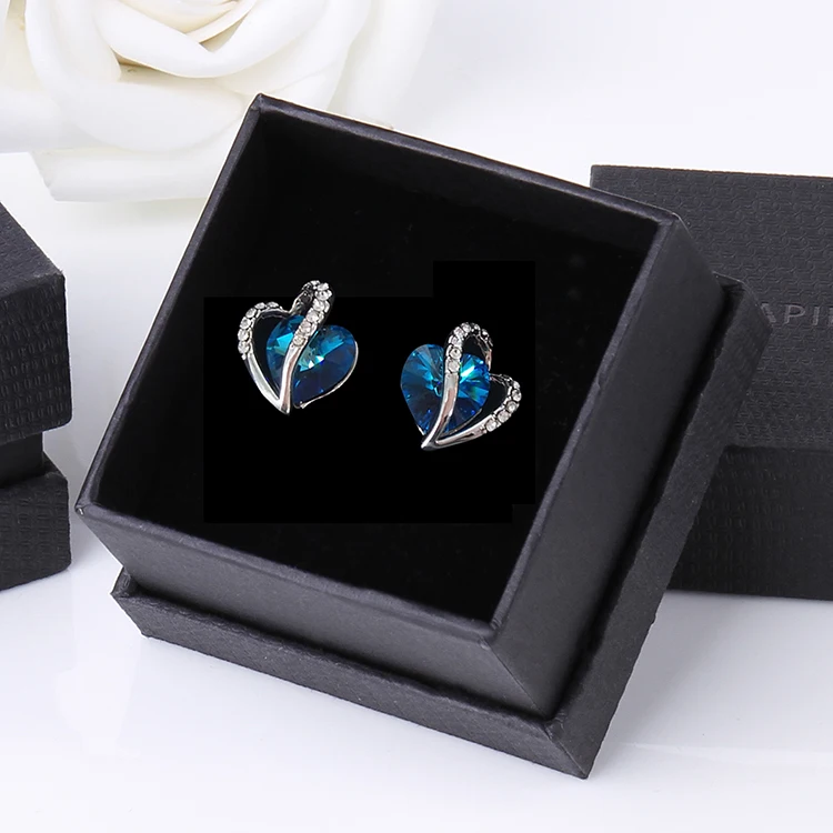 Ювелирный Набор для женщин с кристаллами Swarovski, ожерелье с подвеской в виде сердца из голубого хрусталя, серьги-гвоздики, подарочный набор