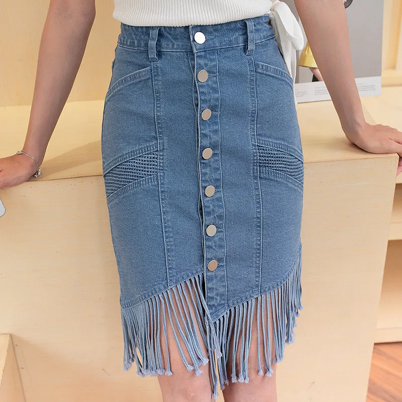 DOSOMA тонкий Высокая Талия посылка Для женщин джинсовая юбка синий однобортный