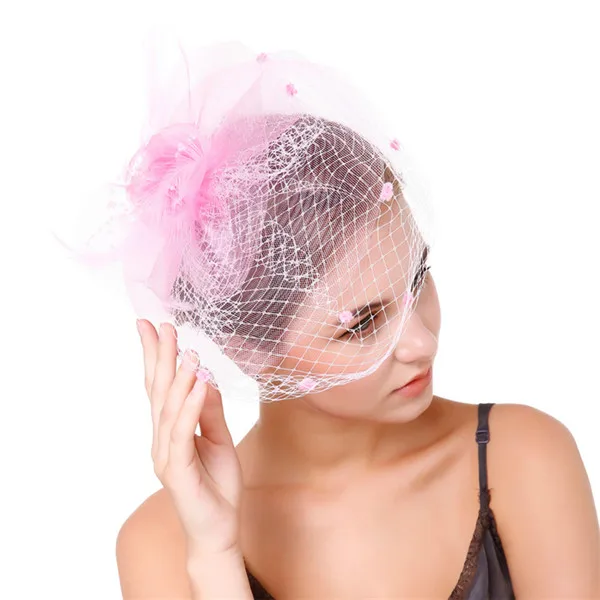 pink Женские шляпки-чародейки, винтажные, Кентукки, Дерби, шляпа, свадебная, в горошек, вуаль, перо, свадебные заколки для волос, Коктейльные, чайные, вечерние, головные уборы - Цвет: pink