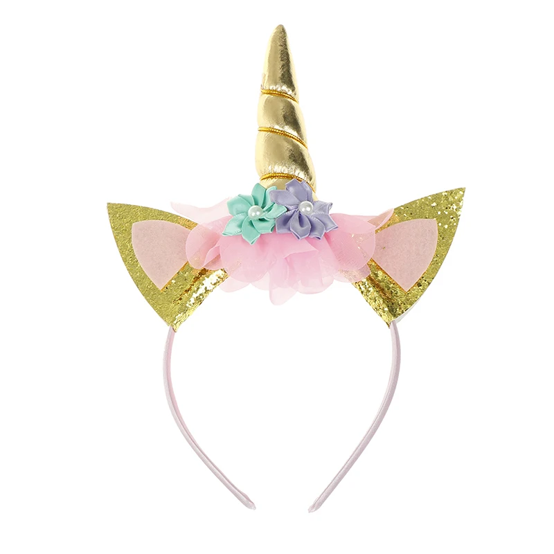 Радужный Единорог Рог повязка для волос Дети шифон Оголовье Блеск Пасхальный