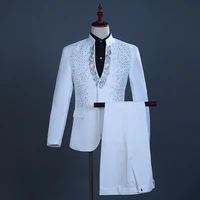 white diamond design stand collar 2 piece tuxedo suit men embroidery party wedding suits with pants stage singer costume homme