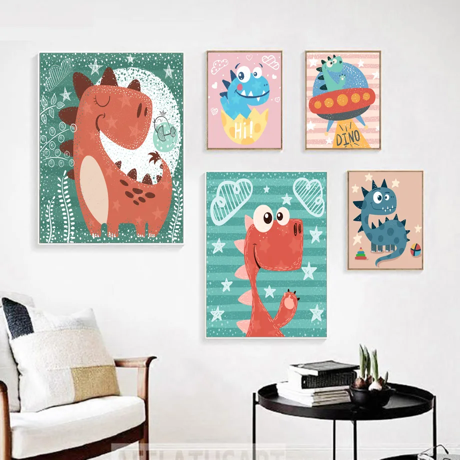 Мультяшный Забавный динозавр плакаты на скандинавскую тему и принты наклейки