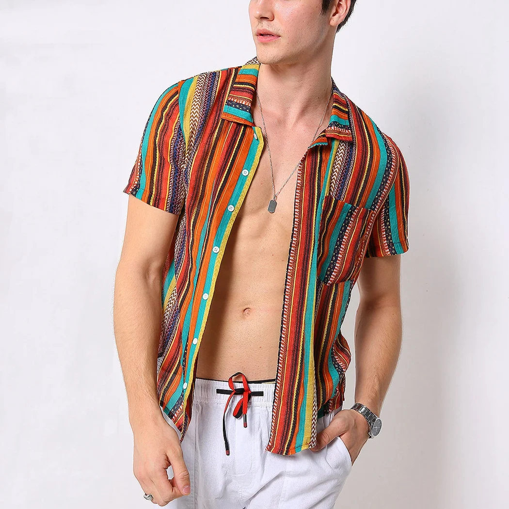 Мужская пляжная рубашка с принтом в разноцветную полоску Летняя Повседневная