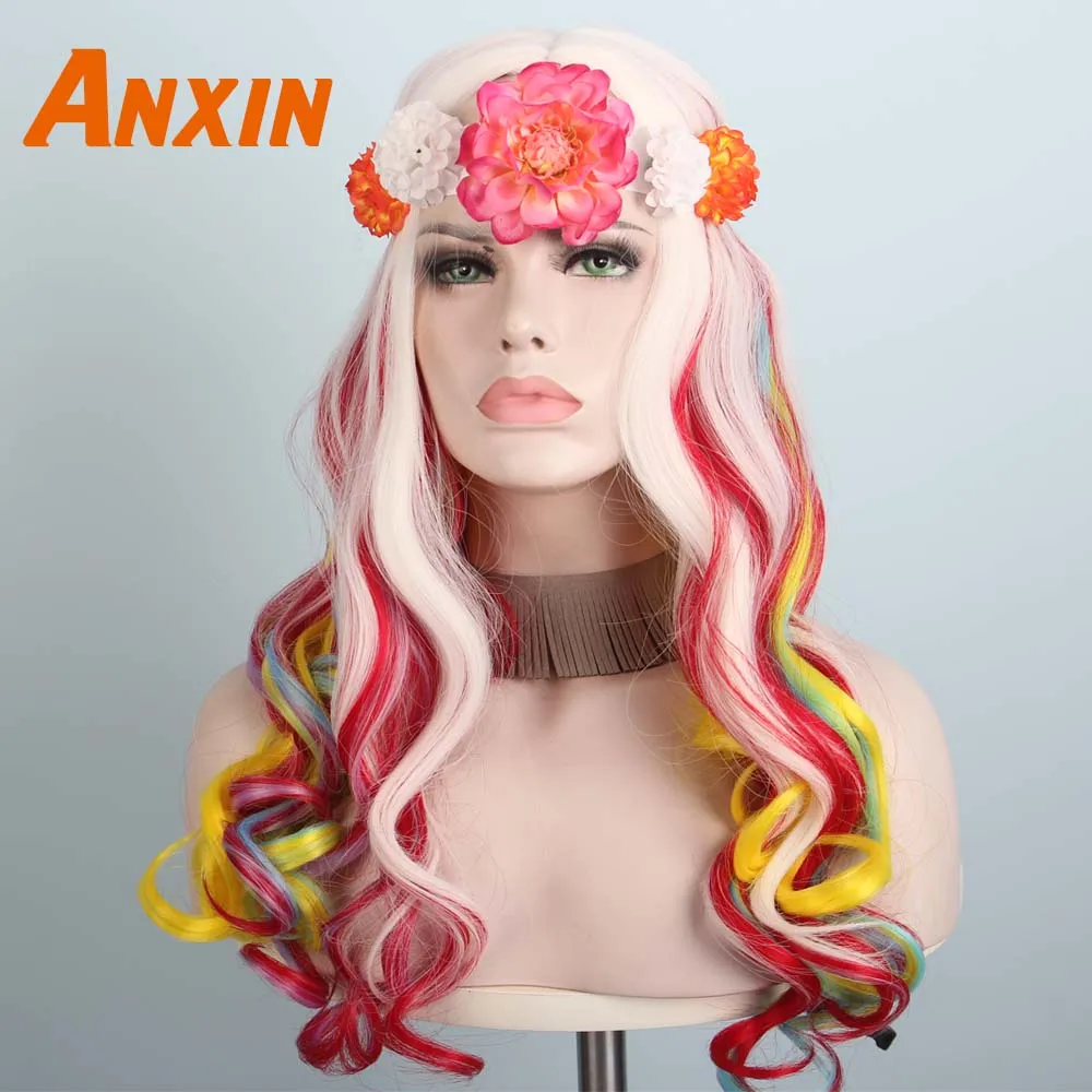 WigB And Free ACC Anxin милые длинные волнистые красочные парики с цветком Bwoknot аксессуары вечерние аниме термостойкие синтетические парики для женщин девушек - Цвет: WigB And Free ACC
