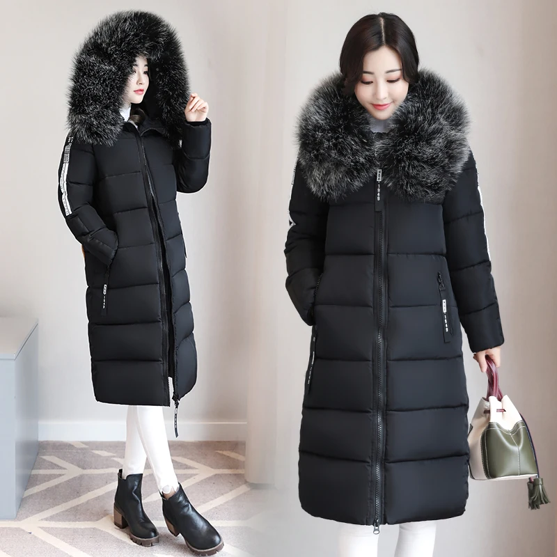 Женская теплая парка с большим меховым капюшоном длинная стеганая куртка