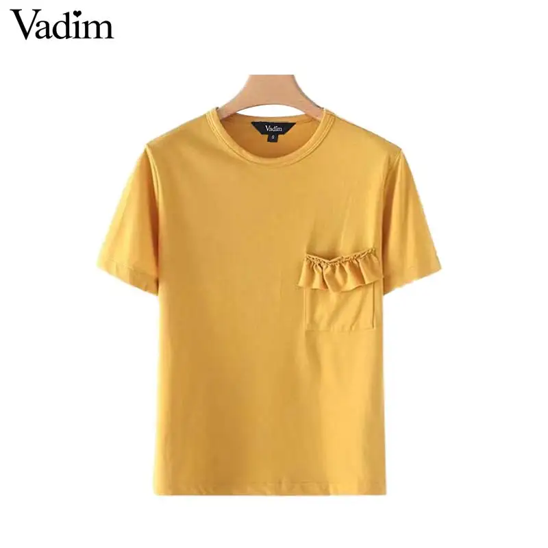 Vadim women sweet ruffles solid T shirt pocket short sleeve o neck tees ladies summer casual chic tops camiseta DT1341 | Женская одежда