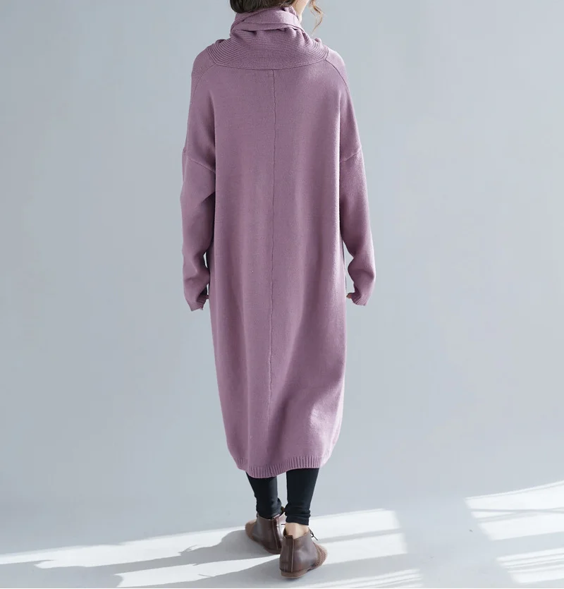 Johnature Knit Solid Color Women Long Sweater Dress Spring 2019 Casual Loose Irregular Grey Purple(including scarf) Sweaters New | Женская