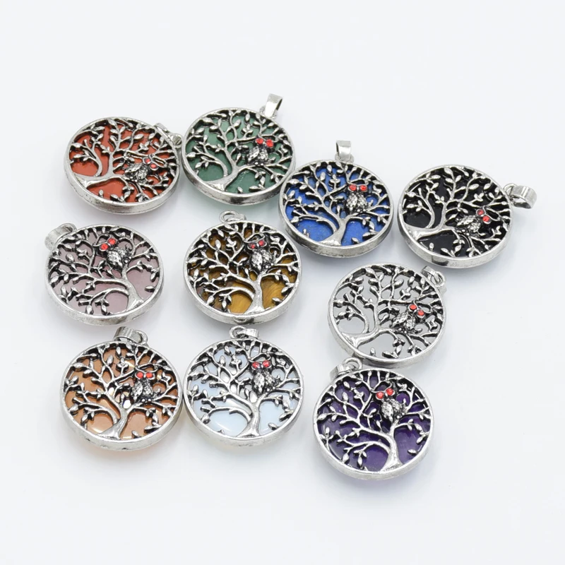 

Antique Silver Hollow Tree of Life Owl Natural Stone Pendant Round Flat Beads Necklace Charm Women Jewelry