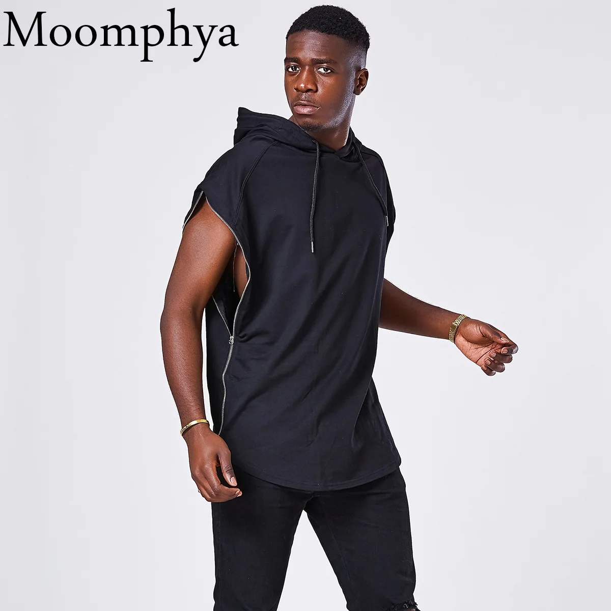 Moomphya Men full side zip hoodies sweatshirt extended Longline hipster curve hem head sleeveless men hip hop hoodie|side hoodie|mens hoodyship