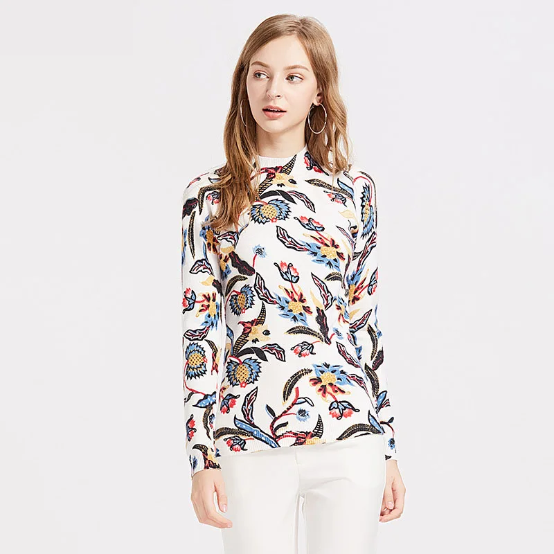 Voobuyla Long Sleeve Sweater Women 2019 Spring Woman Half High Collar Slim Kniting Pullover and Tops Femme Print Jumper | Женская одежда