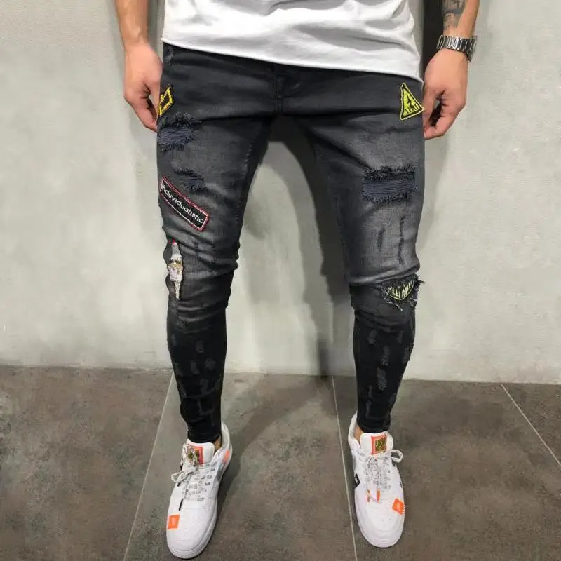 Moda Masculina Pantalones Vaqueros Hombre Kot Pantolon Foot Zipper Ripped Jeans for Men Red Webbing Black Men Jeans Pants Denim