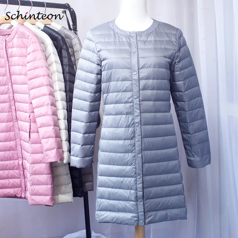 

2020 Schinteon New Women Down Jacket Ultra Light White Duck Down Long Coat Slim O-Neck Warm Inner Bottoming Garment