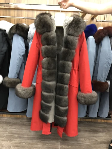Женская парка пальто зимнее пальто с капюшоном с большим натуральным лисьим меховым воротником порог манжеты натуральная подкладка из кроличьего меха Рекс Длинная Верхняя одежда - Цвет: as picture