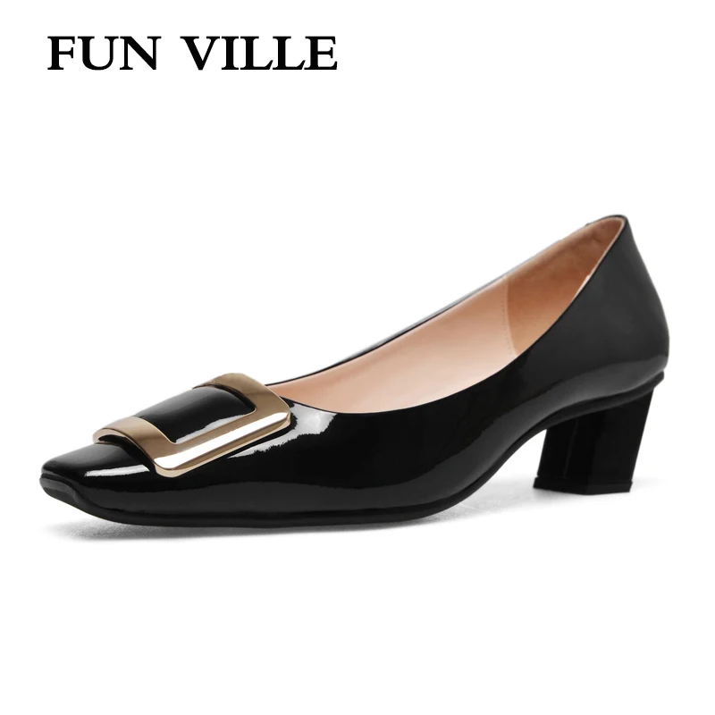 

FUN VILLE Party shoes 2018 New summer women pumps High quality Patent leather Square toe Sexy Lady casual shoes Size 34-43