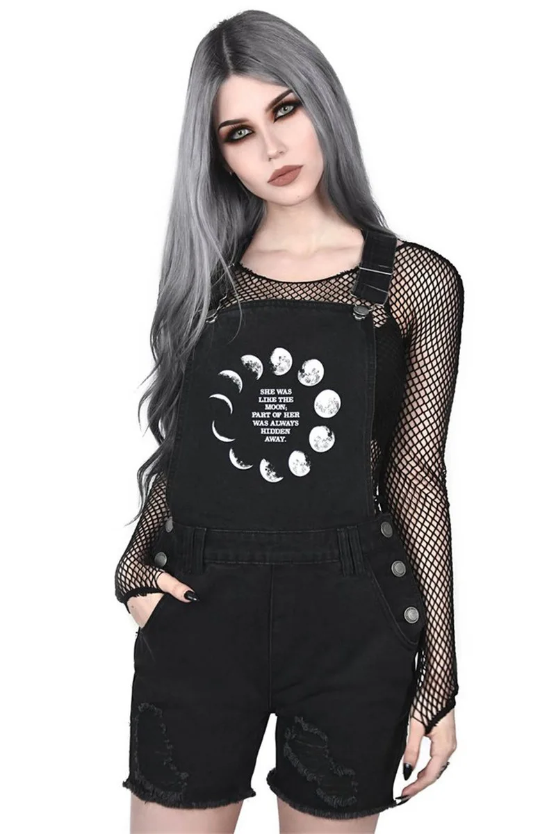 JIEZuoFang Summer Gothic Hip Hop Black Punk Sexy Romper Women Clothes Casual Slim Thin Letter Button Print Female Short Jeans | Женская
