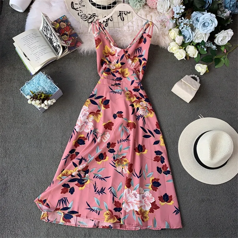 

Vintage Boho V Neck Sexy Summer Floral Print Midi Long Dress Backless Party Women Spaghetti Strap Casual Beach Holiday Vestidos