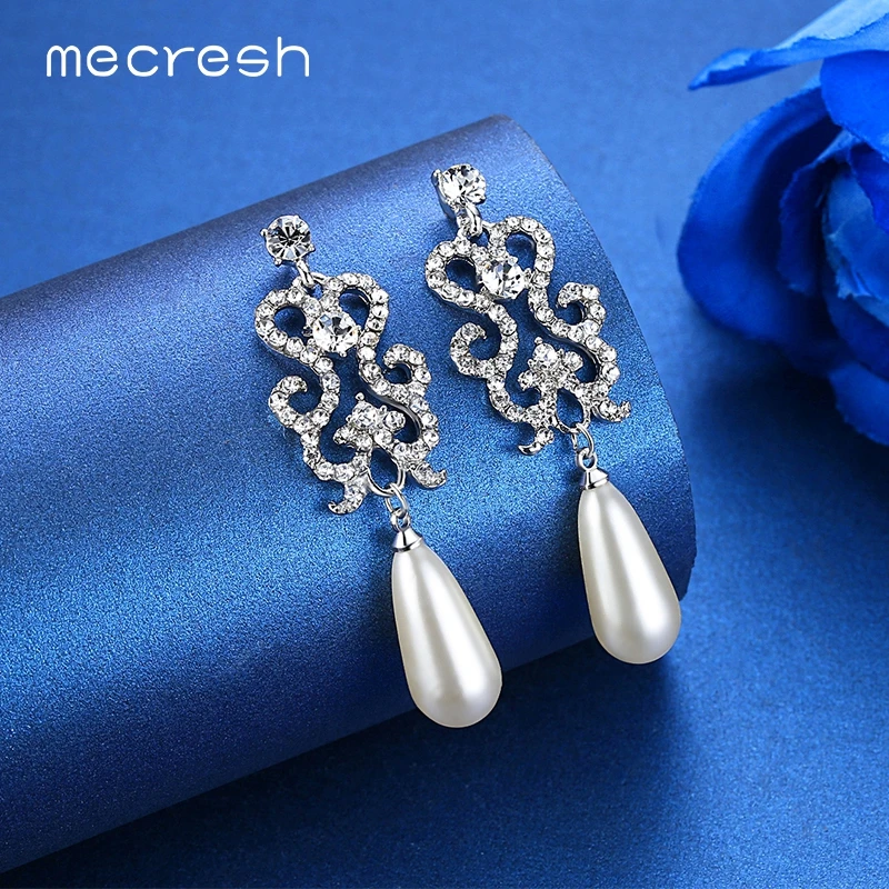 Mecresh Симпатичные имитация жемчуга свадебные серьги серебро цвет люстра горный