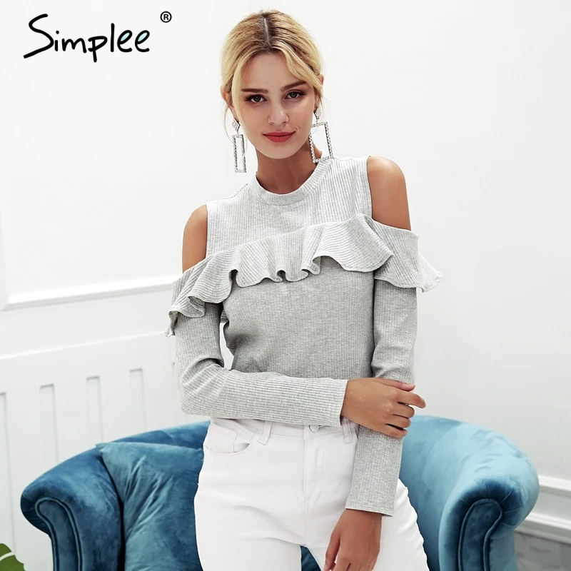 Женский вязаный розовый свитер Simplee с рюшами пуловер открытыми плечами и