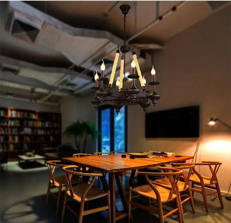 

Hemp rope Iron Black Pendant Light, Round Droplight with 3/6/8 Candles E14 LED Warm White Light for Cafe Retro Restaurant Bar