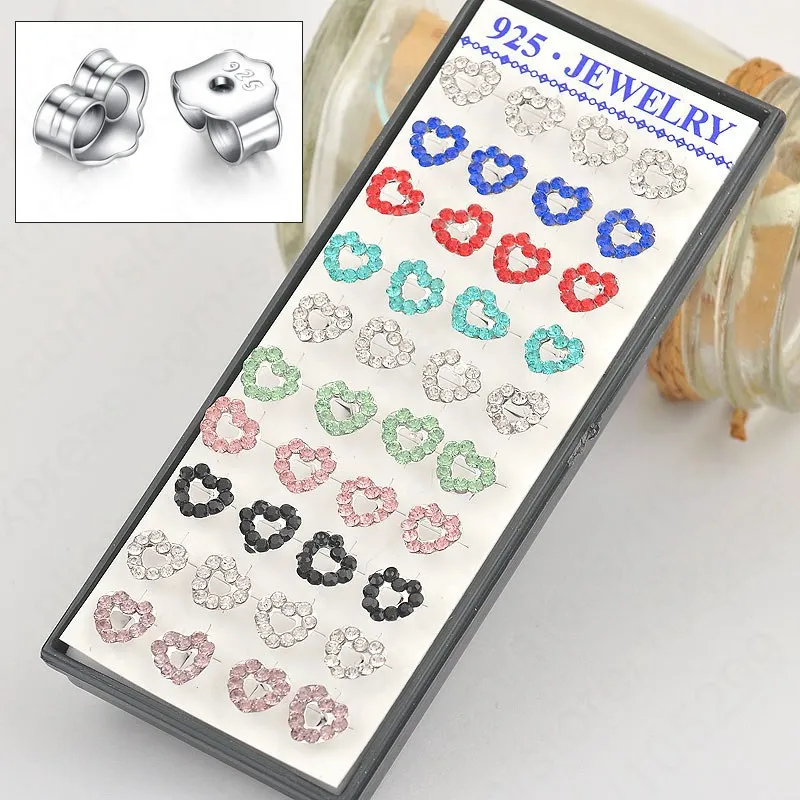 

Romantic Heart Shaped Austria Crystal With 925 Sterling Silver Woman Girl Stud Earrings 8 Colors Shiny Jewelry 80PCS Lot
