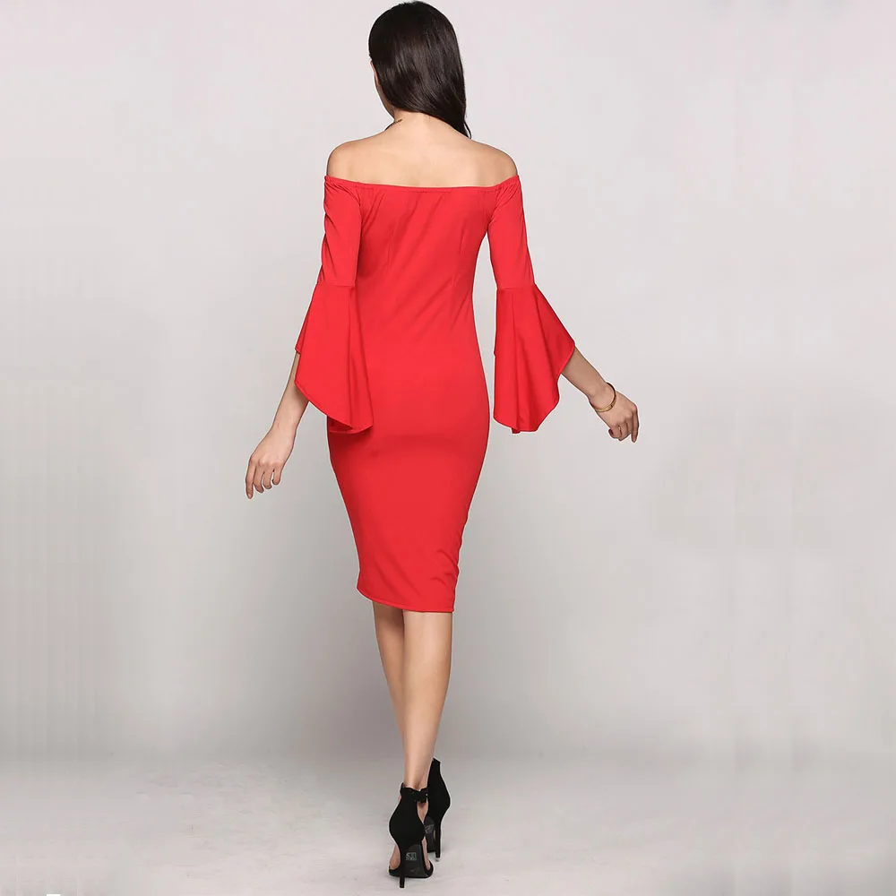 2017 Women Off The Shoulder 3/4 Asymmetrical Flare Sleeve Solid Bodycon Going Out Dress | Женская одежда