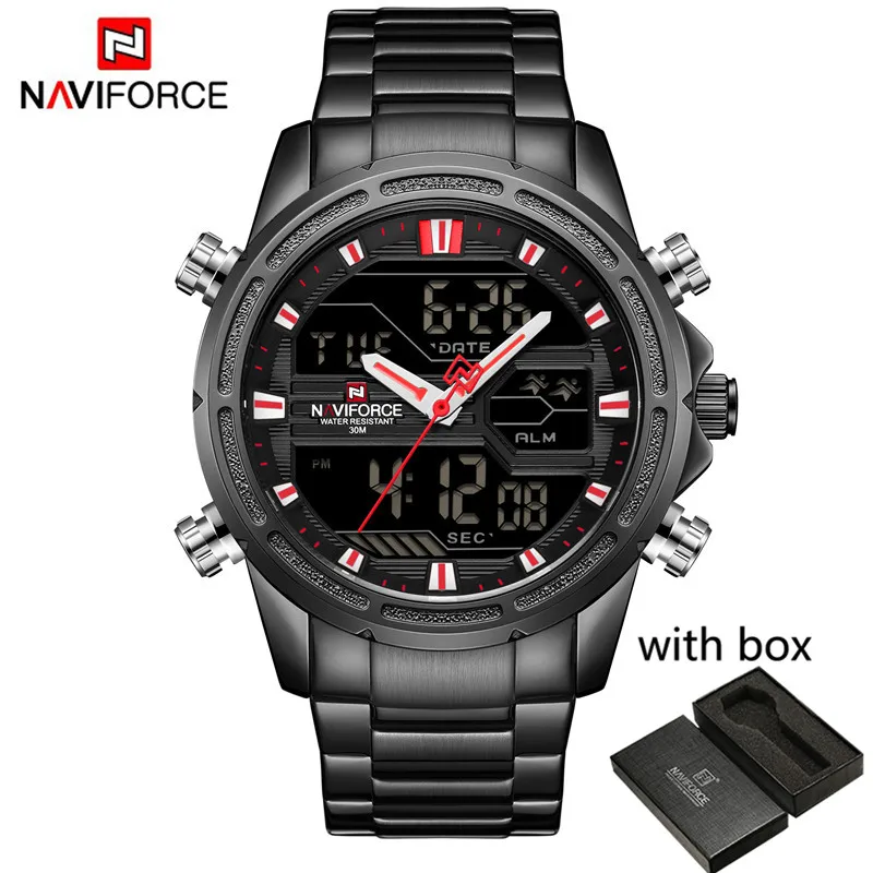 NA913804 with box NAVIFORCE, мужские часы, лучший бренд, роскошные, военные, водонепроницаемый, светодиодный, цифровые, спортивные, мужские часы, нержавеющая сталь, мужские наручные часы 9138 - Цвет: NA913804 with box